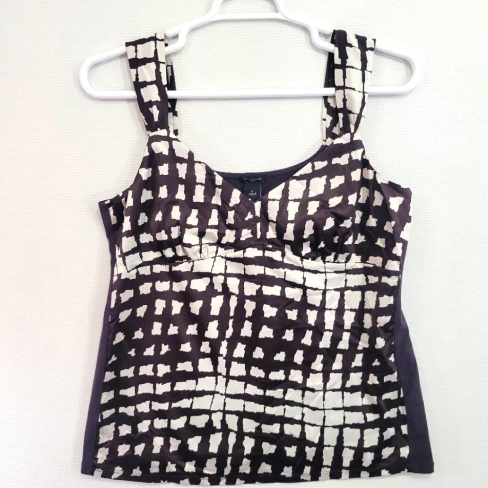 Ann Taylor Factory Black and Cream Grid-Print Sleeveless Tank